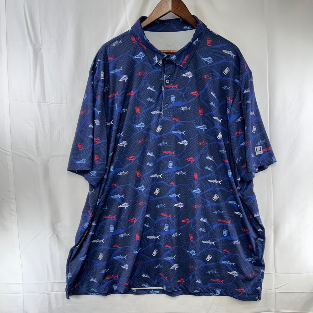 Huk Polo Shirt Mens XXXL Navy Blue Fish Beverage Can Print H1200635-413